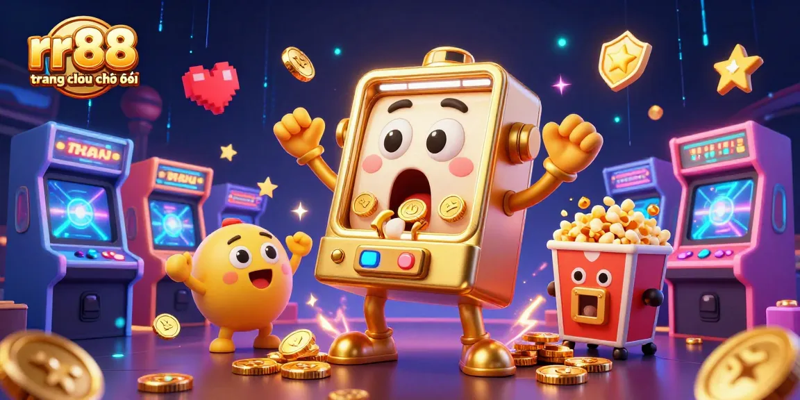 Celebrate wins at rr88 trang chủ chính thức with classic arcade and casino game elements in a vibrant 3D illustration.