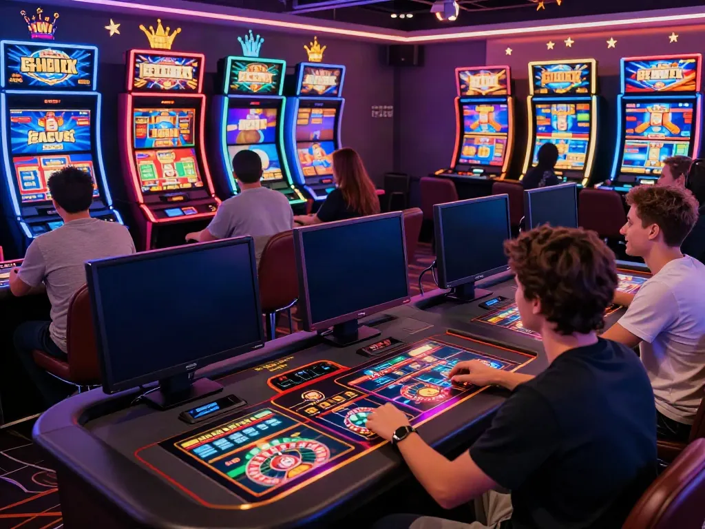 Exciting non Gamstop casino gaming scene with diverse players enjoying vibrant digital gambling.