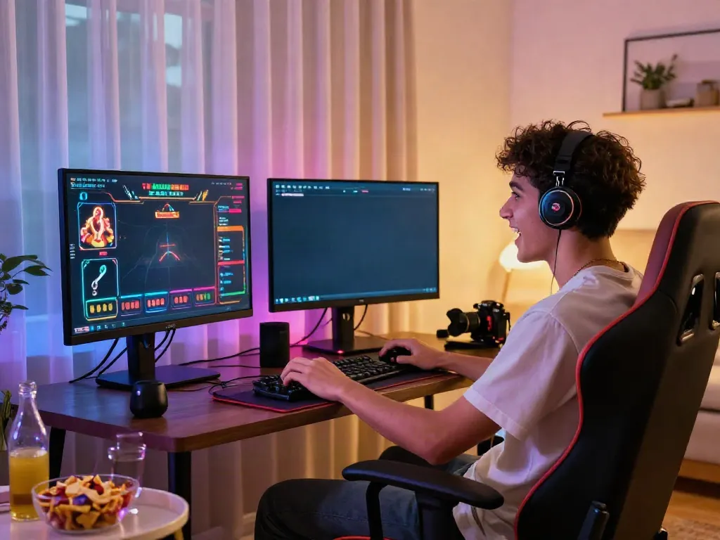 Engaging scene of a player in a stylish room enjoying a non gamstop casino game.