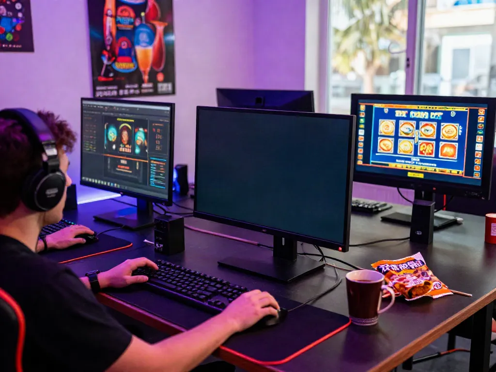 Exciting gaming setup featuring non gamstop casino games on multiple screens with vibrant lighting and gaming accessories.