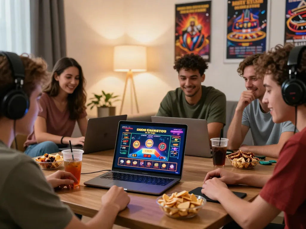 Friends enjoying a non Gamstop casino experience with games and snacks in a cozy living room.