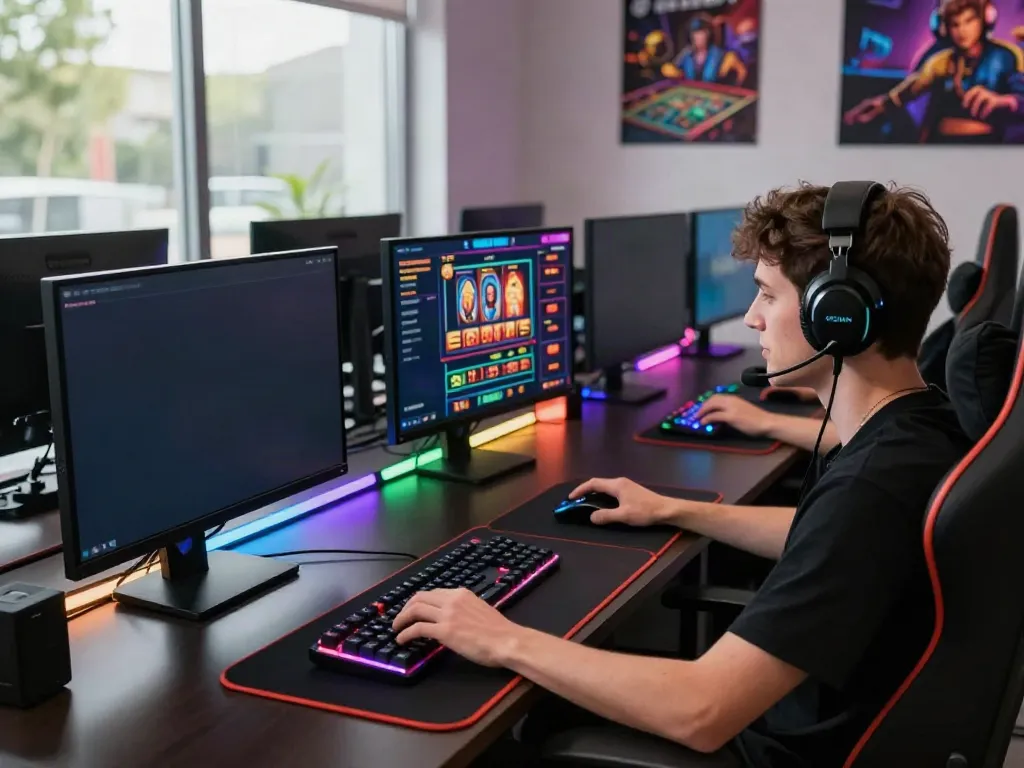 Engaging player at a non gamstop casino gaming setup with vibrant displays and modern decor.