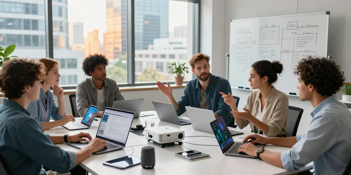 Diverse professionals collaborating on AI for business strategies in a modern office setting filled with tech gadgets.
