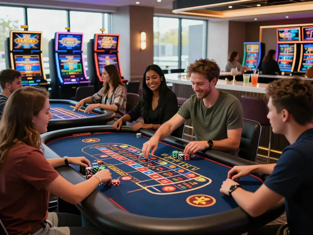 Players engaging in thrilling games at a non Gamstop casino, showcasing excitement and energy in a stylish lounge.