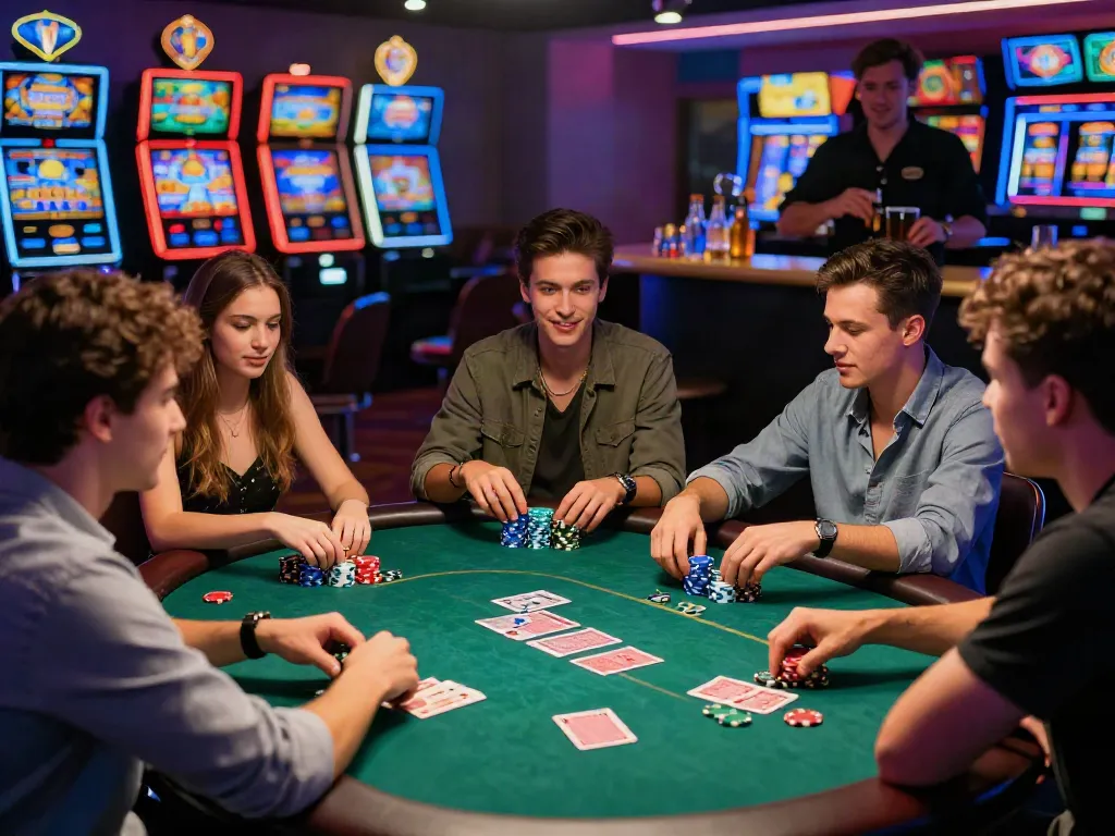 Exciting gaming night at a non gamstop casino with friends playing poker.