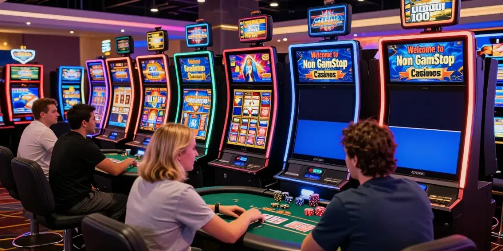 Engaging scene of a non gamstop casino with diverse players, vibrant slot machines, and poker tables.