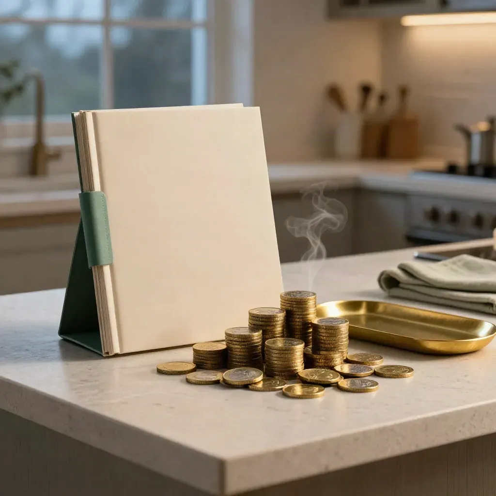 Stack of pound coins beside a ledger binder and brass tray on a kitchen island at blue hour.