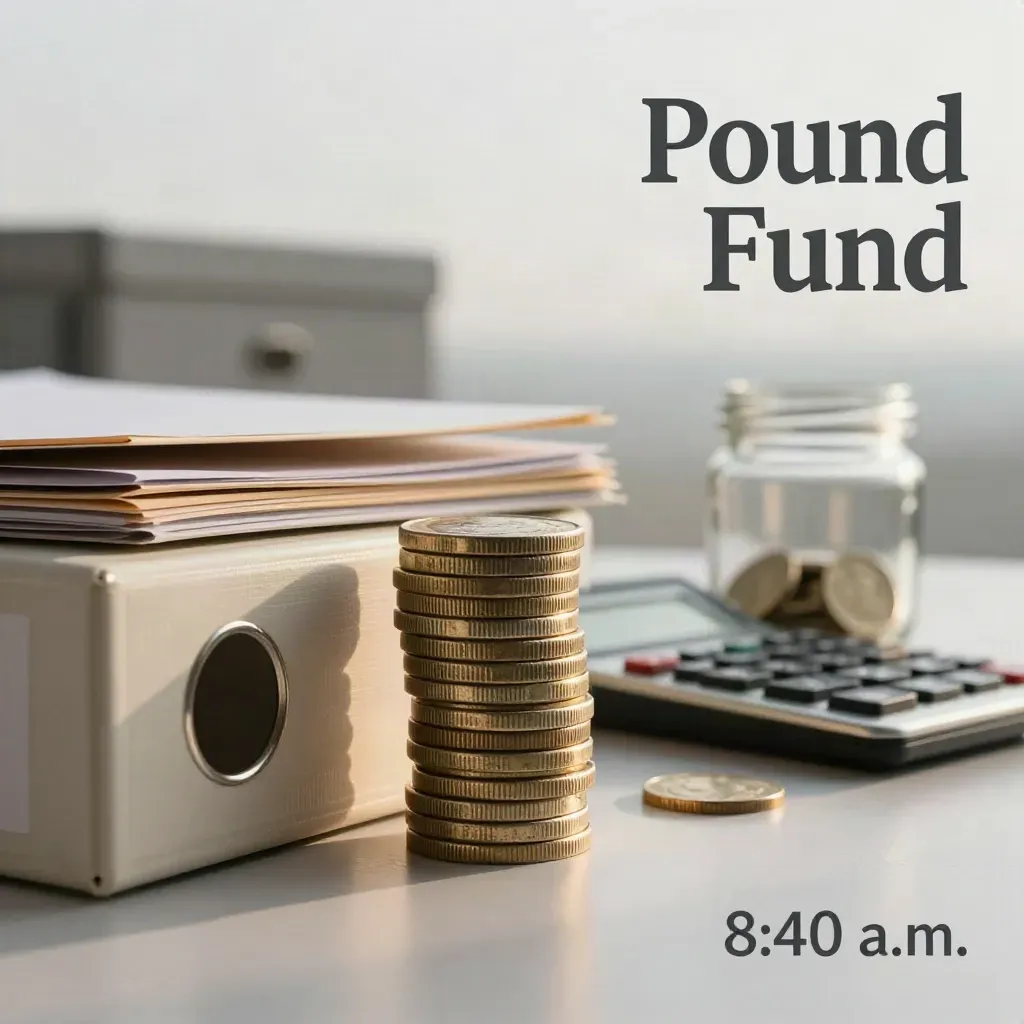 Coins, binder, calculator and jar in moody finance still life with open copy space.
