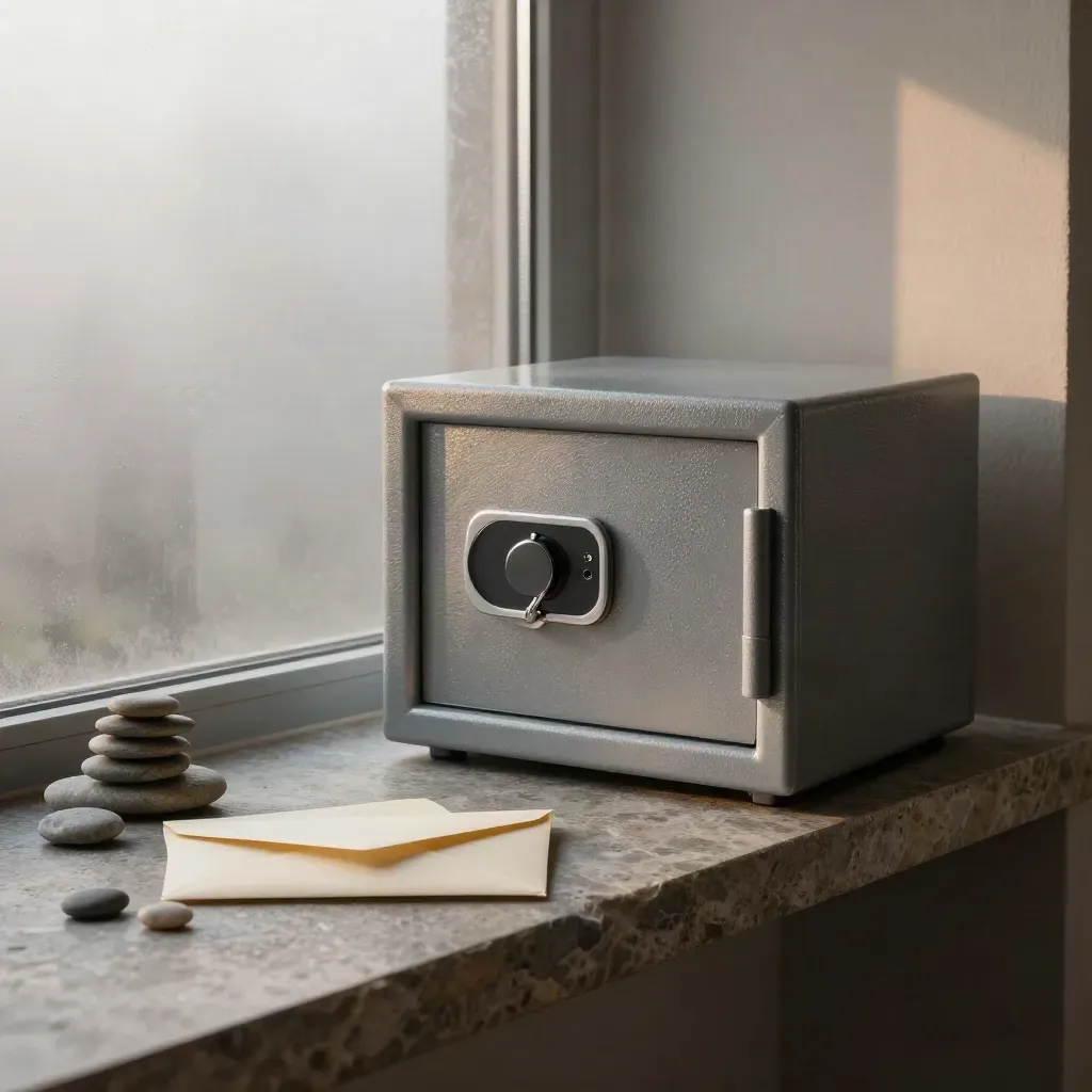 Fogged-window still life of a sealed envelope, pebble stack and compact safe on stone.