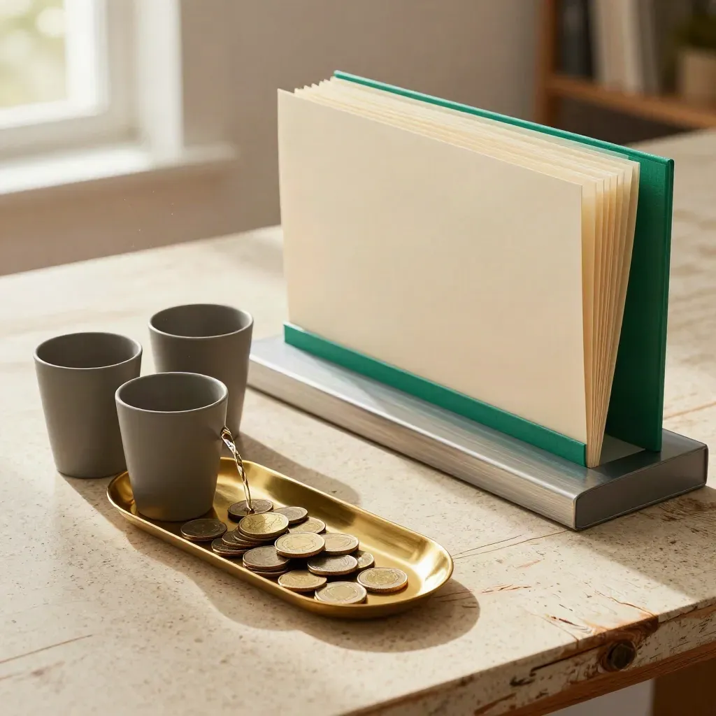 Coin cups and pale folders on a brass tray in a loft workspace, caught mid-pour in soft daylight.