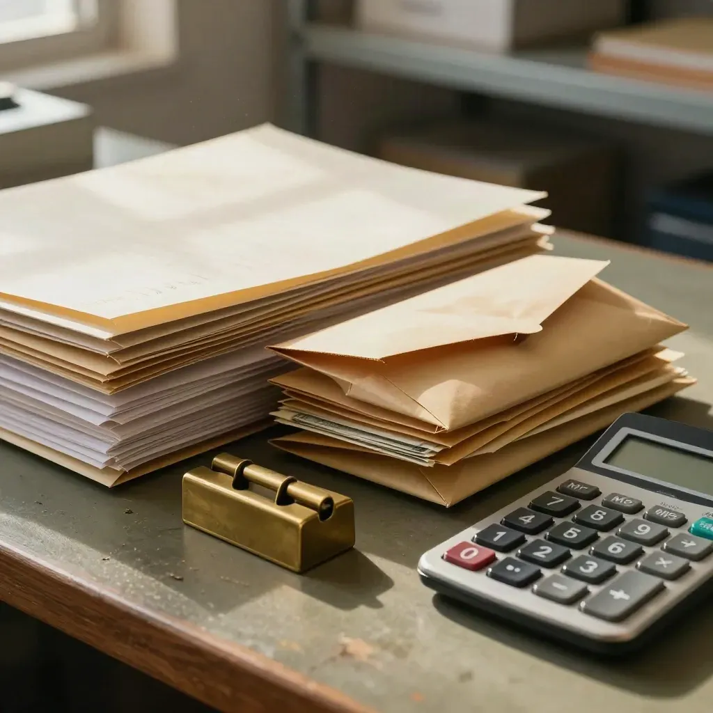 Macro of receipt folders, envelope stacks, and a turned calculator on a workbench.