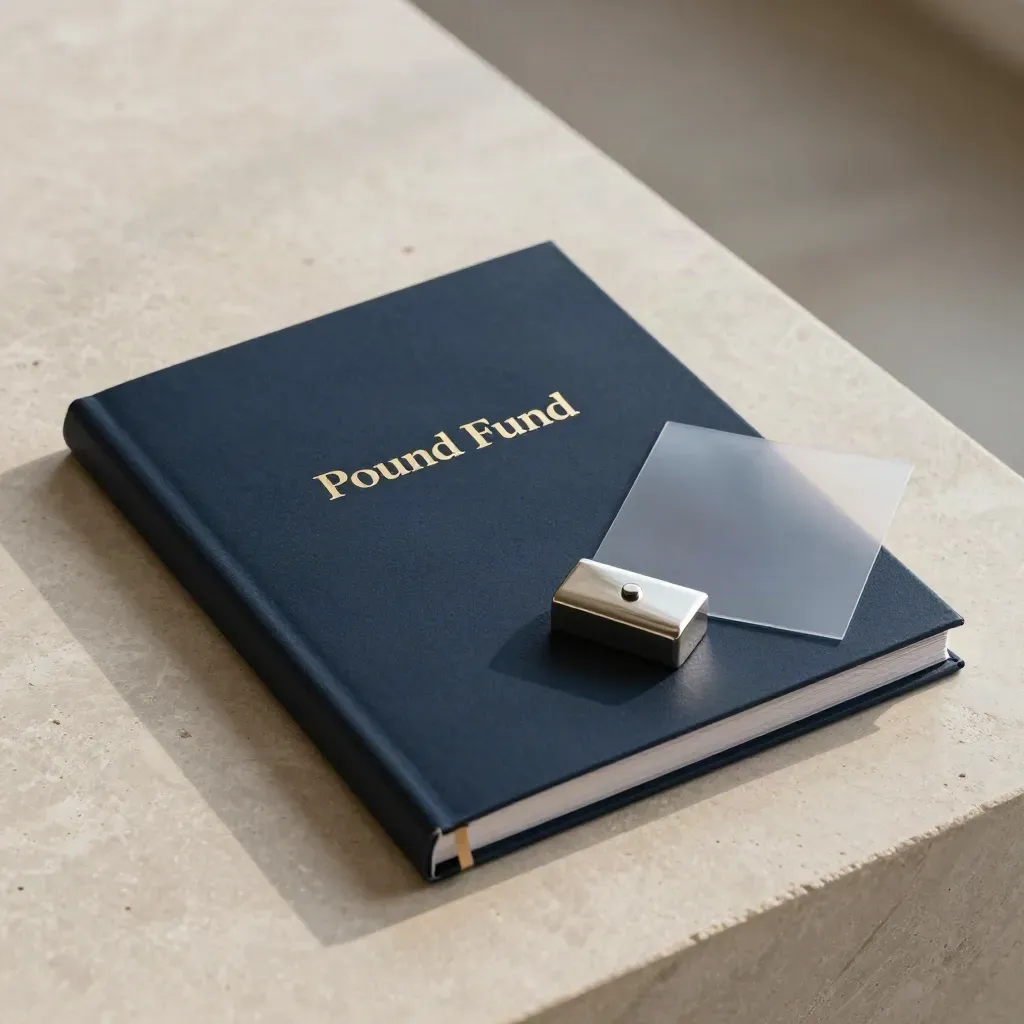 Top-down investor pack on pale stone with navy binder, dividers and paperweight
