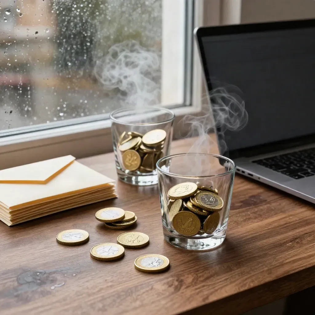 Rain-streaked window desk with coin tumblers, envelope stacks, and a closed laptop.