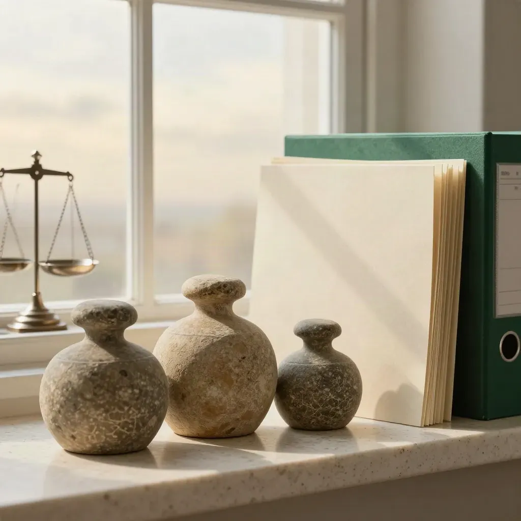 Stone weights, folders and a balance scale by a bright window in a calm finance room.