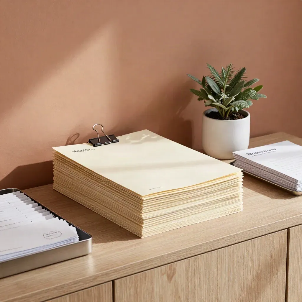 Cream investor files and binder clips on a sideboard with a small plant in soft daylight.