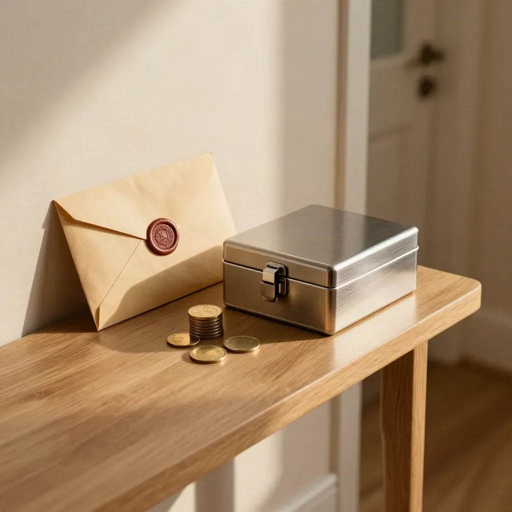 Envelope, lockbox, and coin piles on a hallway console in soft afternoon light.