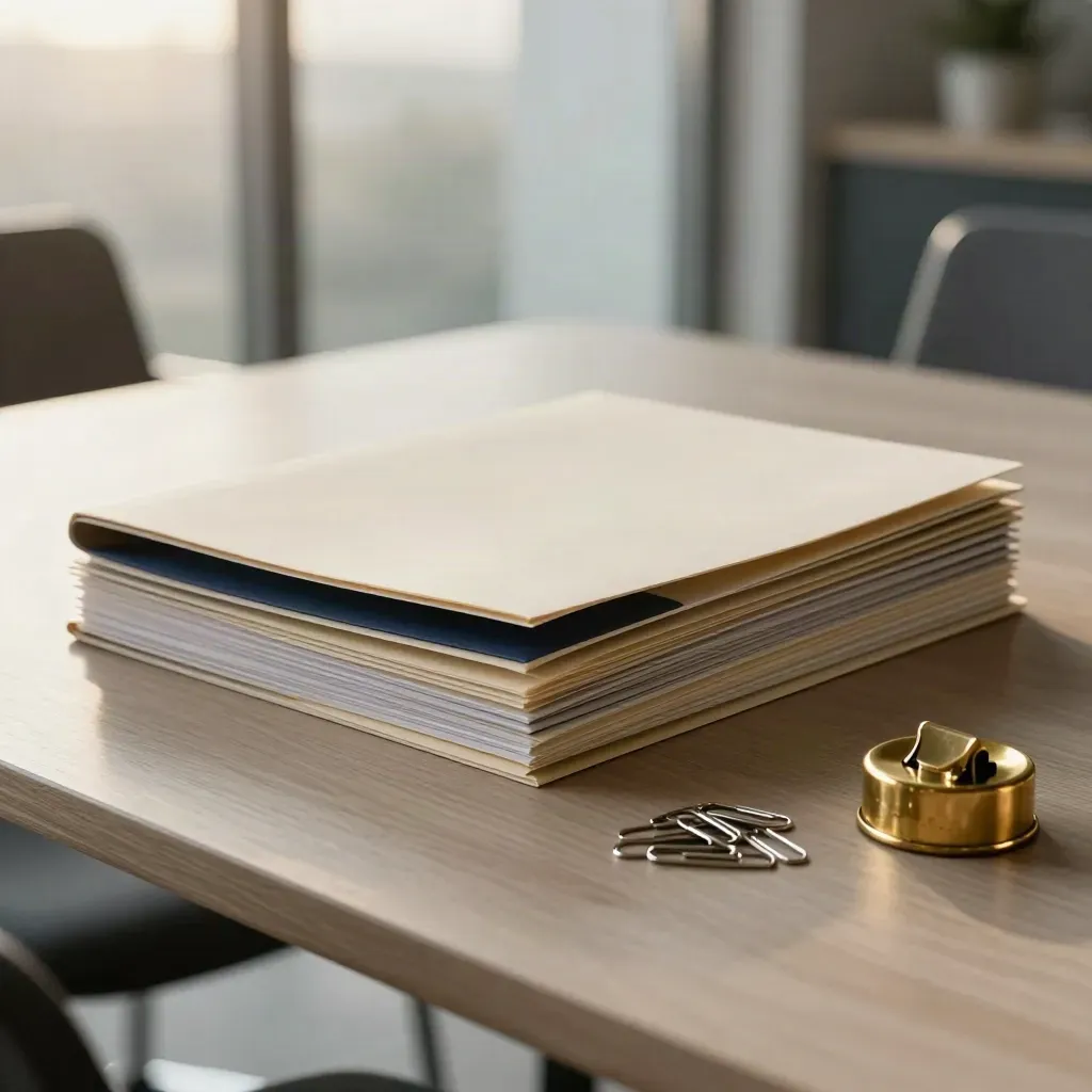 Brass paperweight and pitch folders on a pale wood workbench in moody morning light.
