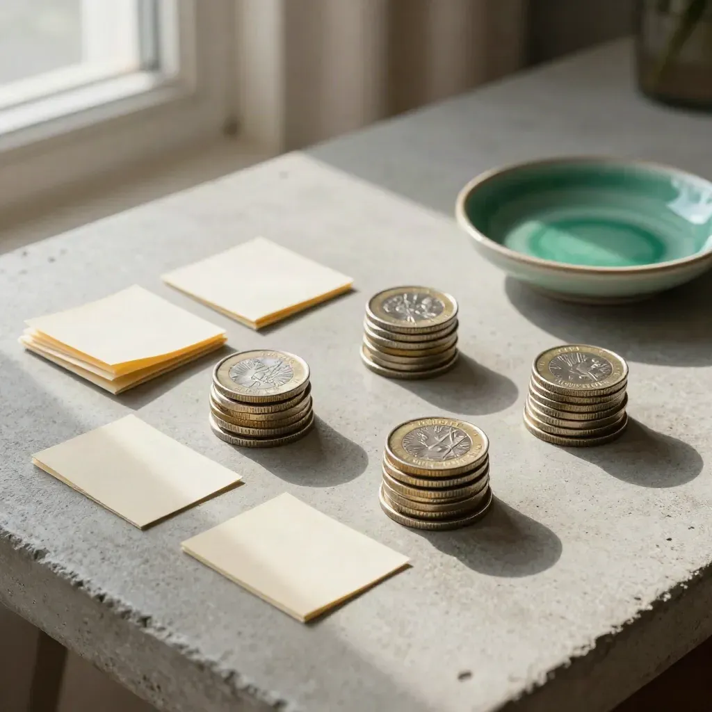 Coins, folded tabs, and an emerald ceramic dish on a concrete worktable.