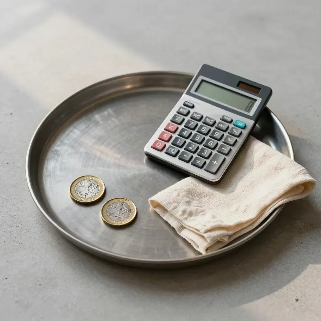 Stone tray with pound coins, calculator, and folded linen on a pale concrete surface