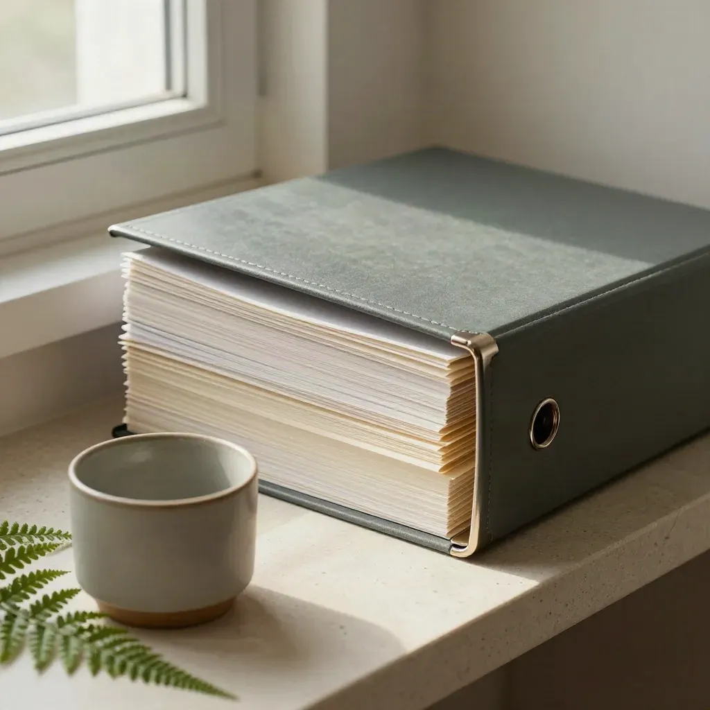 Half-open investor report binder, ceramic cup, and fern on a plaster corner shelf in soft light