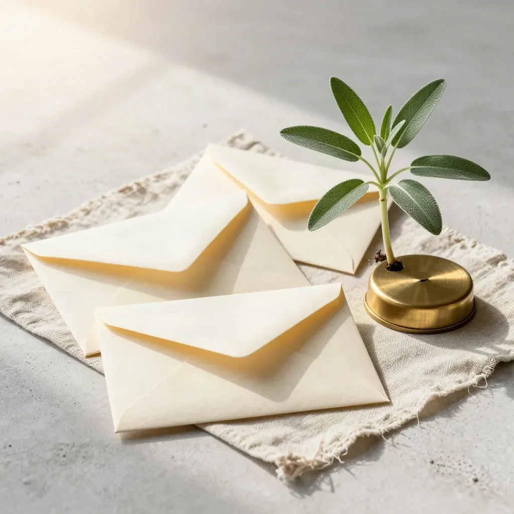 Overhead flatlay of cream funding envelopes, brass paperweight and seedling on linen mat.