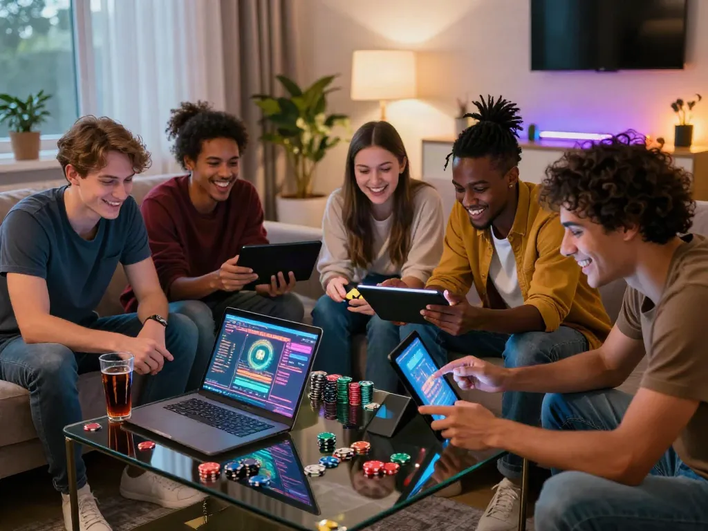 Friends enjoying a non gamstop casino game night in a cozy living room