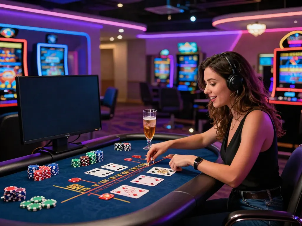 Exciting scene of a woman enjoying a non gamstop casino game with colorful chips and a lively ambiance.
