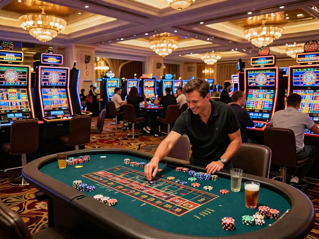 Exciting atmosphere in a non GamStop casino with vibrant gaming tables and happy players.