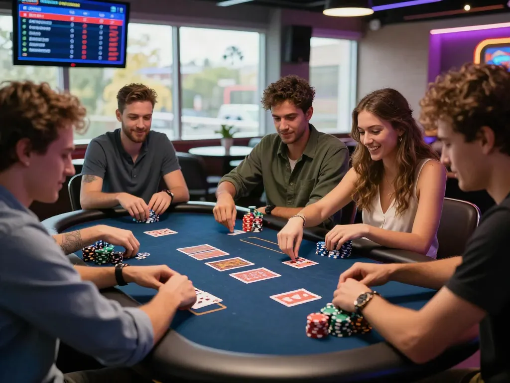 Diverse friends enjoying a vibrant non Gamstop casino gaming session with cards and chips.