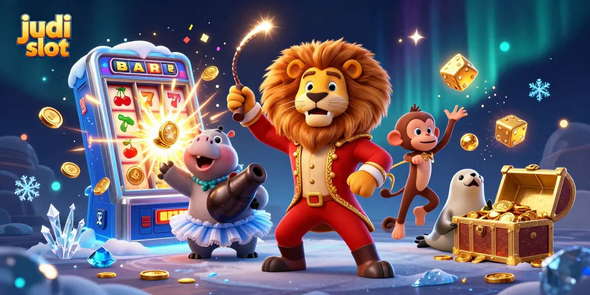 Experience thrilling judi slot action with a vibrant circus scene featuring 3D characters and slot game elements.