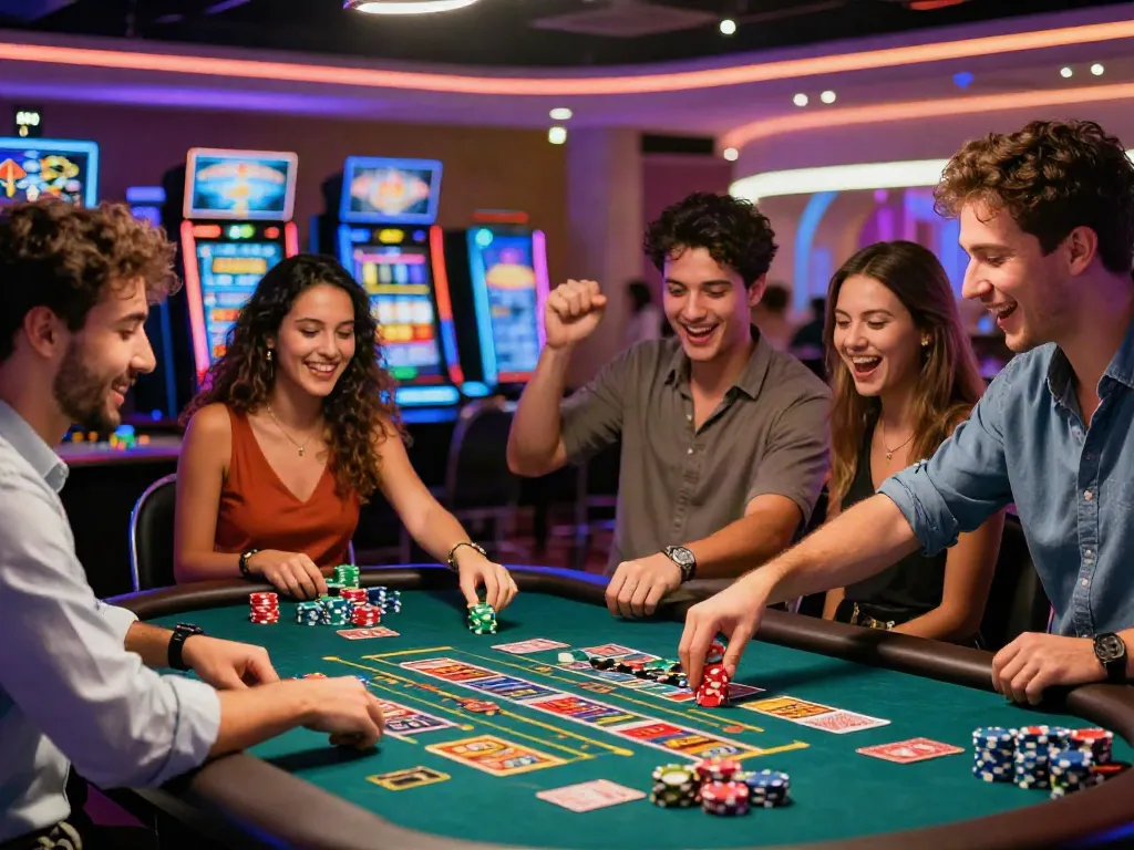 Exciting non GamStop casino game scene with friends celebrating a win at a gaming table.