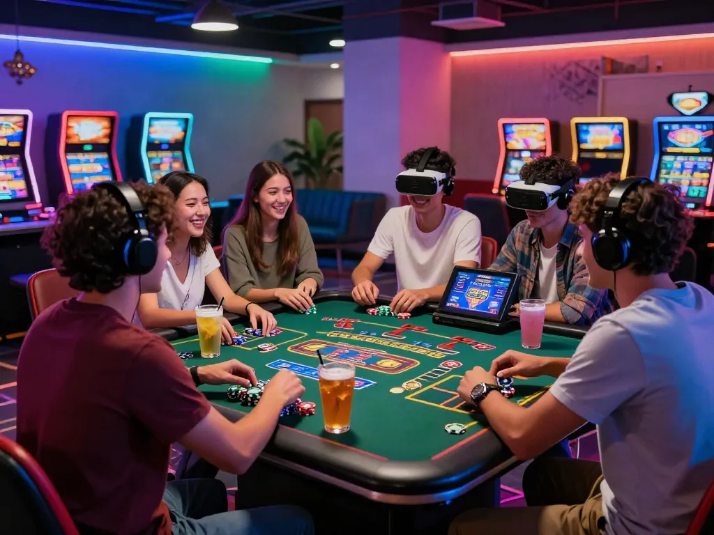 Friends enjoying gaming experience at a non Gamstop casino with modern technology and vibrant atmosphere.