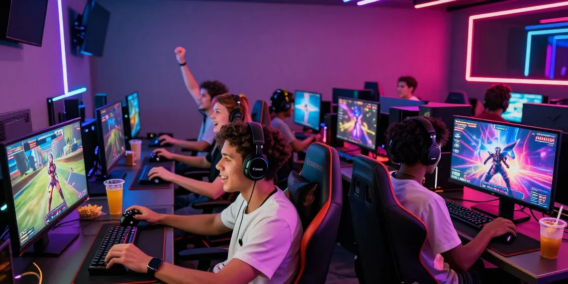 Players enjoying immersive porn games online in a lively gaming lounge.