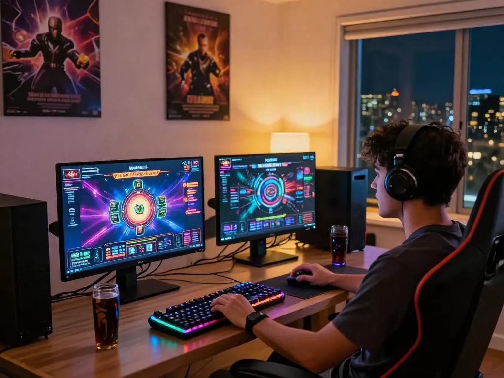 Exciting non gamstop casino gaming scene with player engaged at dual monitors.