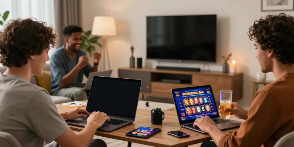 Friends enjoying a lively virtual non gamstop casino game night at home, celebrating wins together.