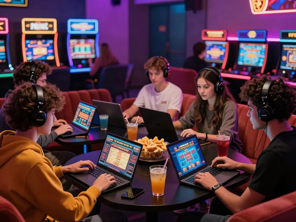 Group enjoying fun in a vibrant non Gamstop casino gaming lounge.