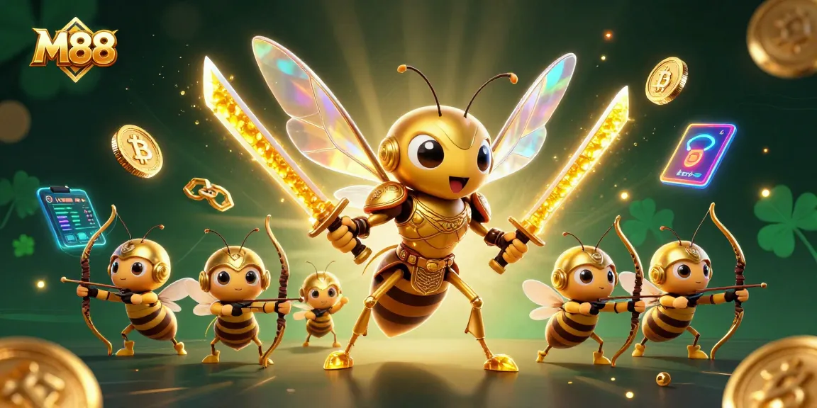 M88 captivates players with a vibrant scene of a hornet warrior and crypto elements in a dynamic casino setting.