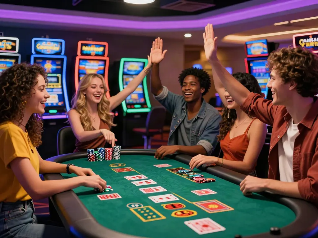 Diverse group enjoying games at a non GamStop casino, showcasing excitement and social interaction.