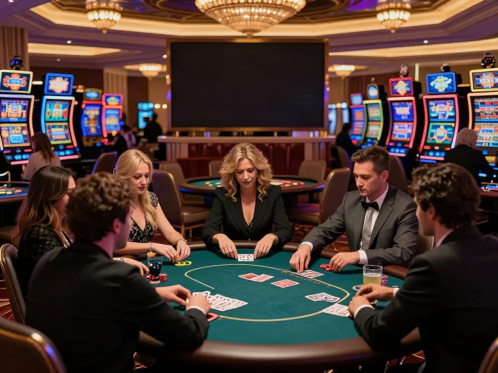 Engaged players at a non GamStop casino poker table with vibrant atmosphere.