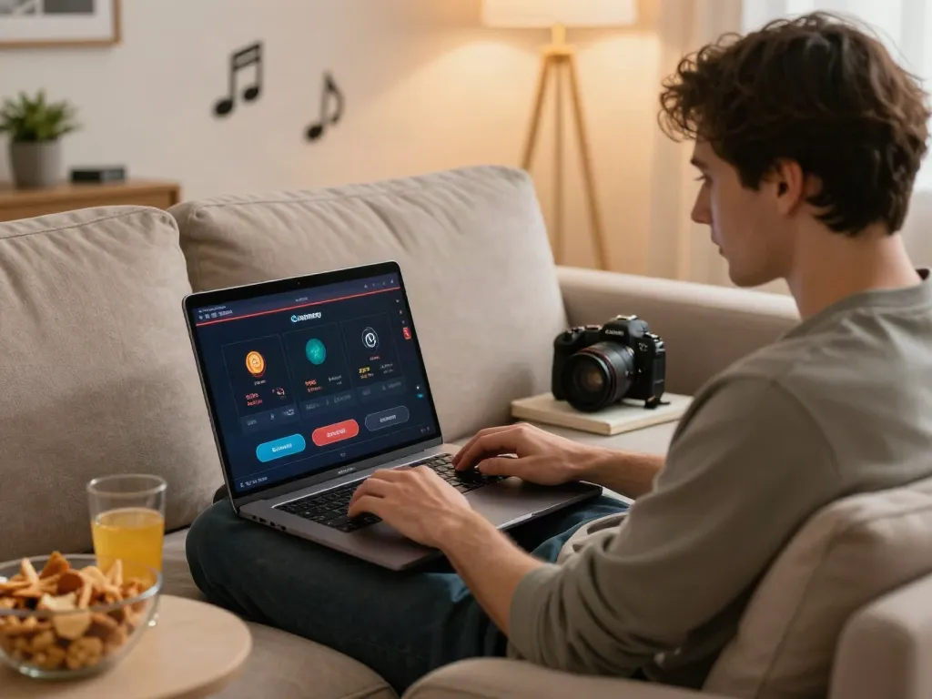 Person enjoying a non Gamstop casino game on a laptop in a cozy living room.