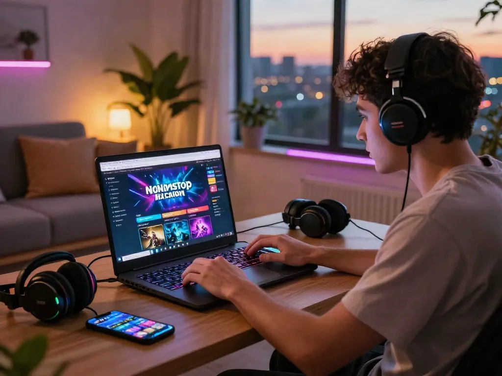 Engaged player exploring a non gamstop casino on a laptop in a vibrant gaming setup.