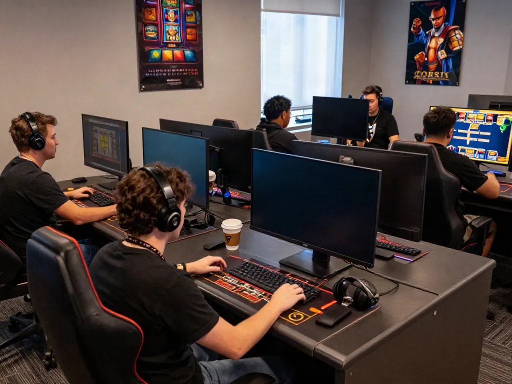 Players enjoying a thrilling non-Gamstop casino experience at modern gaming setups, colorful screens lighting the room.