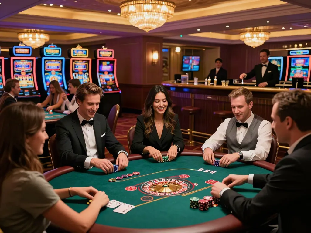 Exciting non GamStop casino scene with diverse patrons enjoying games and vibrant atmosphere.