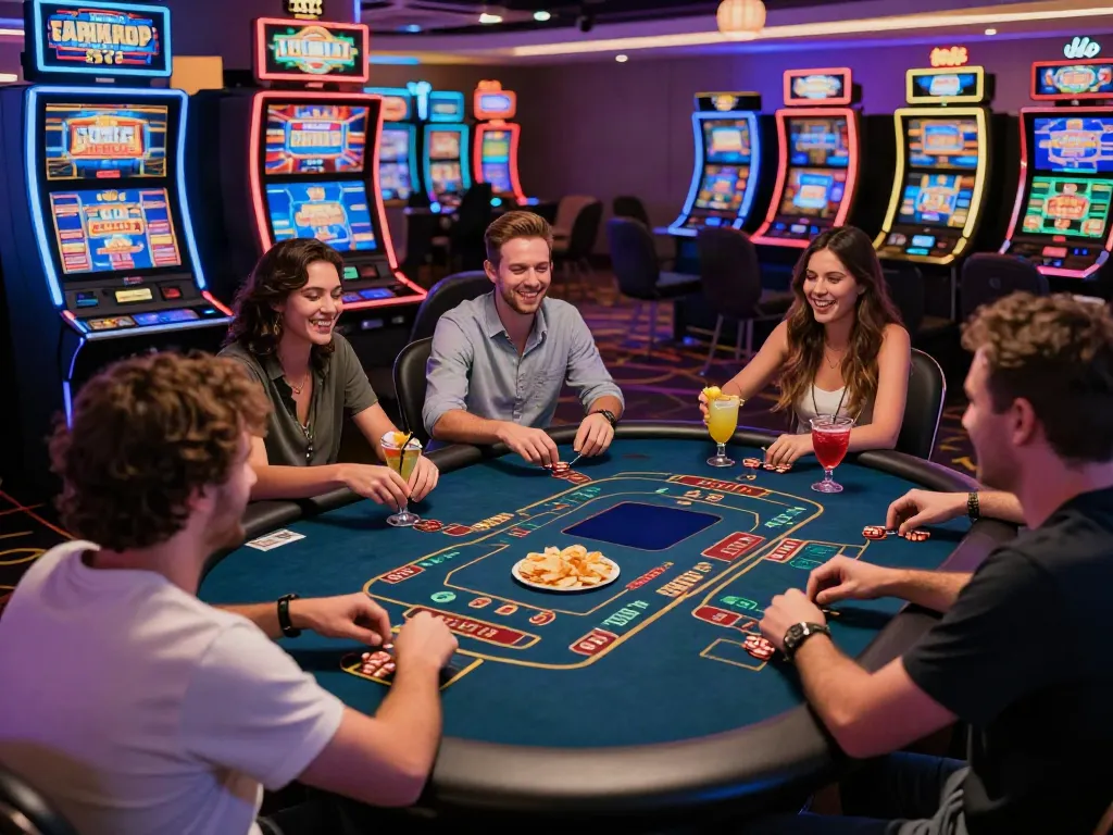 Players engaging in games at a vibrant non GamStop casino with colorful lighting and lively atmosphere.