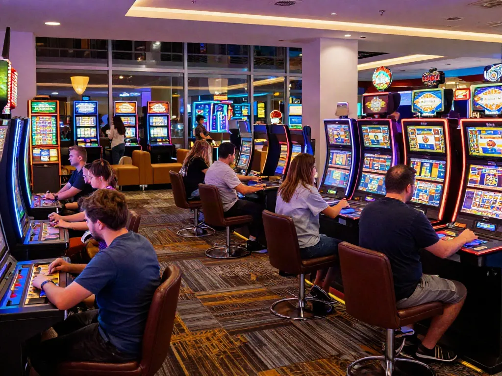Engaging non Gamstop casino gaming scene with diverse players at lively tables and slot machines.