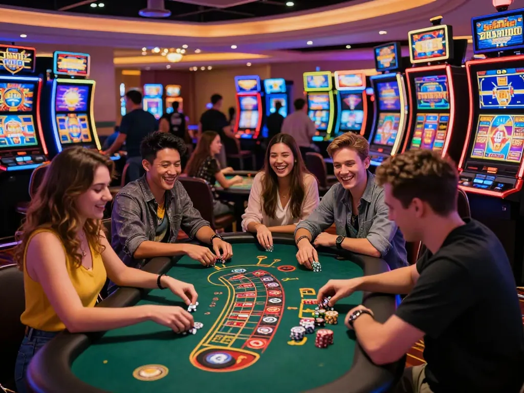 Enjoying games at a vibrant non gamstop casino with diverse players, colorful lights, and lively atmosphere.