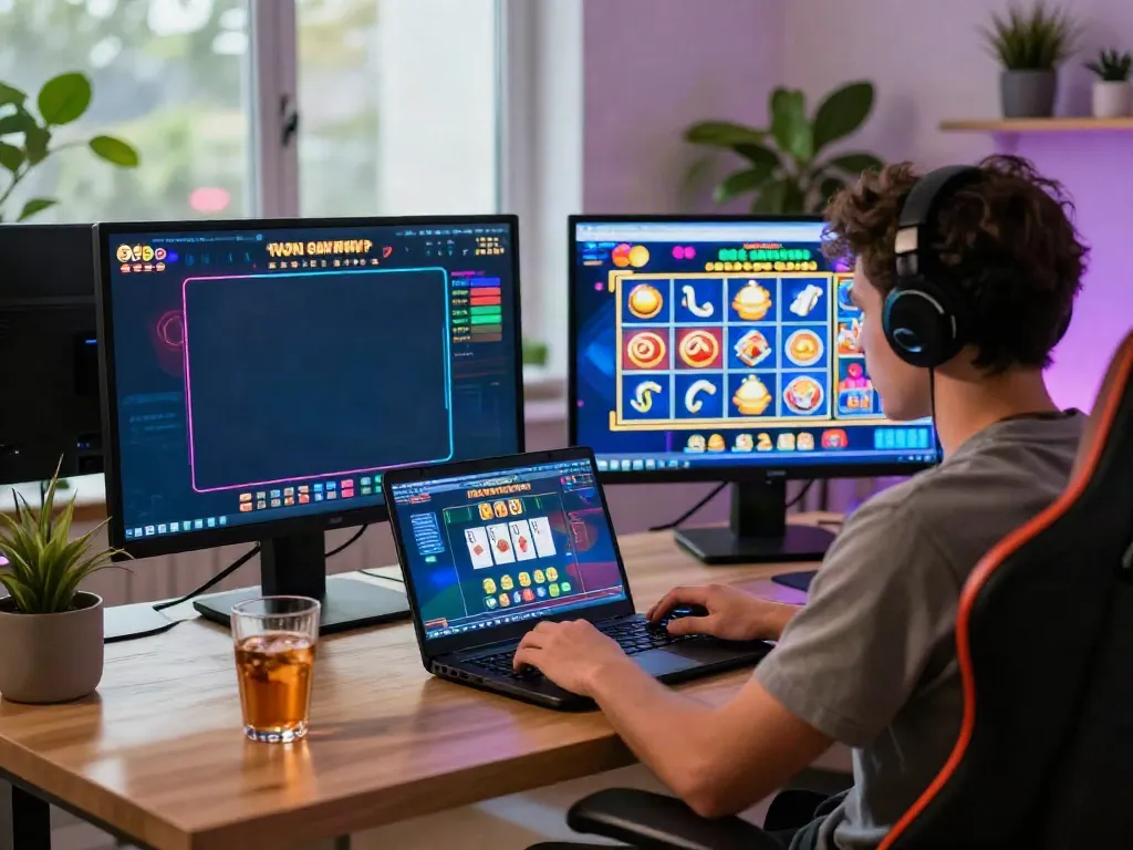 Engaged player enjoying a non Gamstop casino experience in a stylish home office.