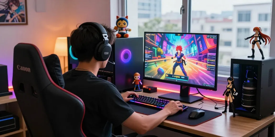 Engaged player enjoying an exciting online hentai game on a vibrant gaming setup