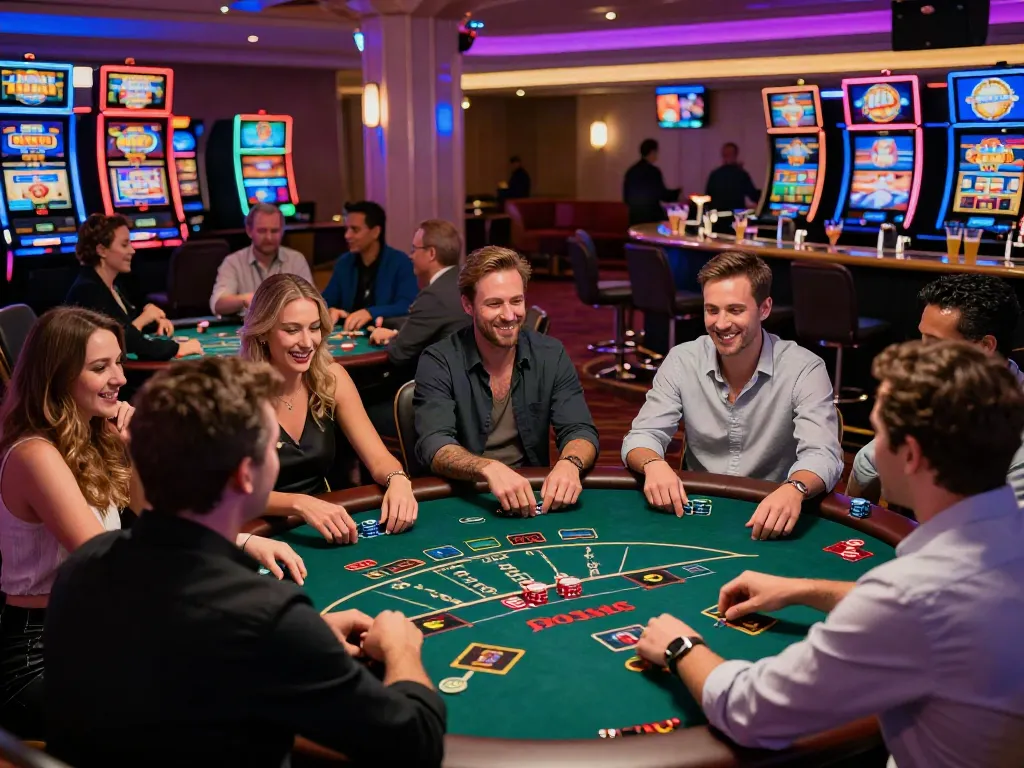 Exciting non-gamstop casino scene with players enjoying table games in a lively gaming floor atmosphere.