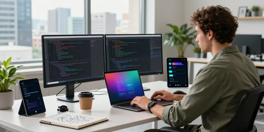 Software developer coding in modern workspace focused on instant indexing.